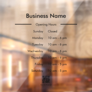 Opening Hours Business Name QR Code See-Through Window Cling
