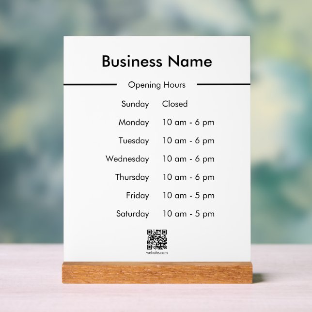 Opening Hours Business Name QR Code White Acrylic Sign (Neutral)