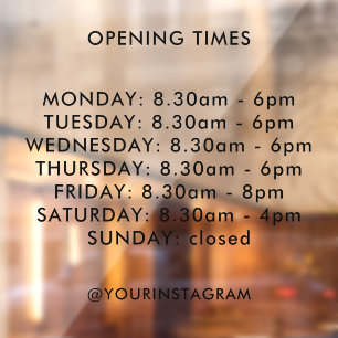 Opening hours business times modern minimalist window cling