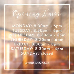 Opening hours business white modern minimalist window cling