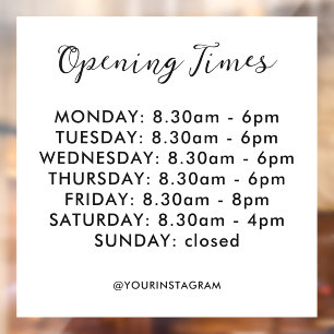 Opening hours business white modern minimalist window cling