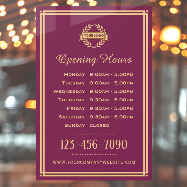 Opening Hours Classic Business Logo Plum Window Cling (Creator Uploaded)