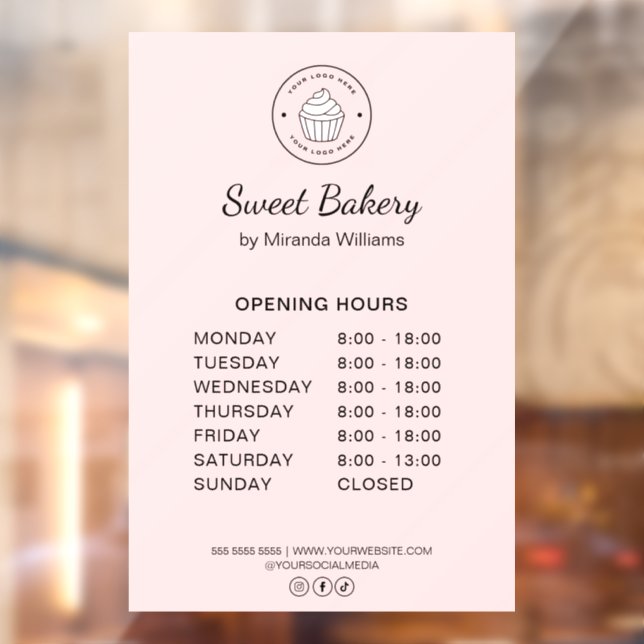 Opening Hours Custom Logo Pink Bakery Business Window Cling (Sheet 2)