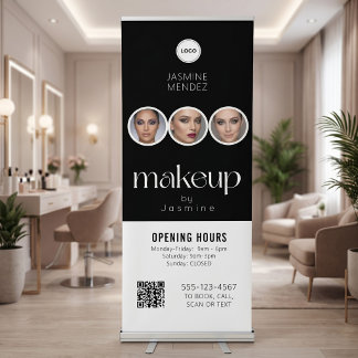 Opening Hours Logo Makeup Salon QR Code 3 Photo Retractable Banner