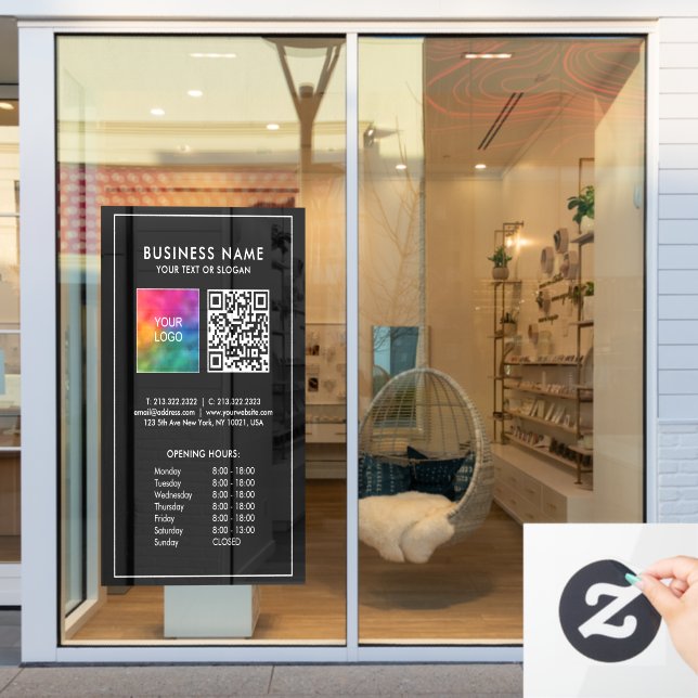 Opening Hours QR Code Business Logo Large Template Window Cling (Store Window)