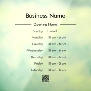 Opening Hours Schedule Business Name QR Code Clear Window Cling