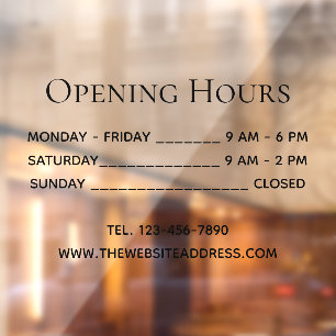 Opening Hours Simple Black Text Times Phone & Site Window Cling
