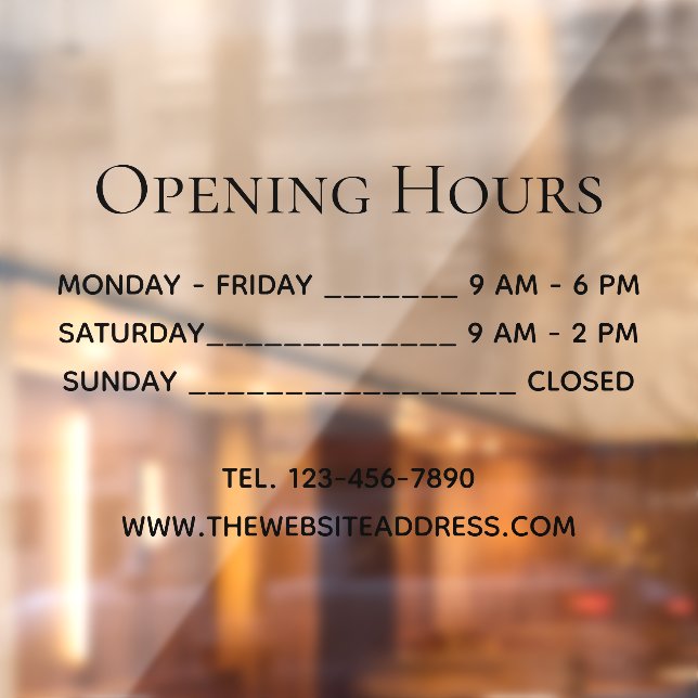 Opening Hours Simple Black Text Times Phone & Site Window Cling (Sheet 2)