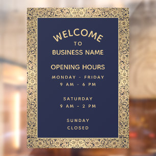 Opening Hours Vintage Navy Blue Gold Roses Elegant Window Cling