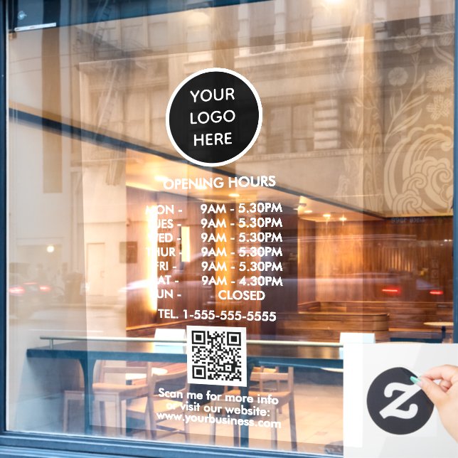 Opening Hours White Business Logo QR Code  Window Cling (Cafe Window)