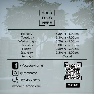 Opening Hours With QR Code Custom Business Logo Window Cling