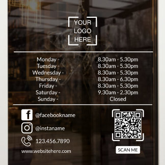 Opening Hours With QR Code Custom Business Logo Window Cling