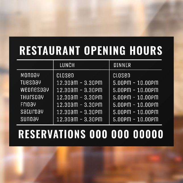 Opening Lunch & Dinner Hours Restaurant  Window Cling (Sheet 2)