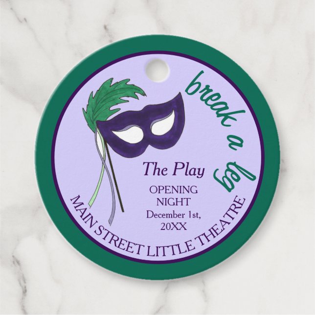 Opening Night Drama Club Masquerade Mask Party Favour Tags (Front)