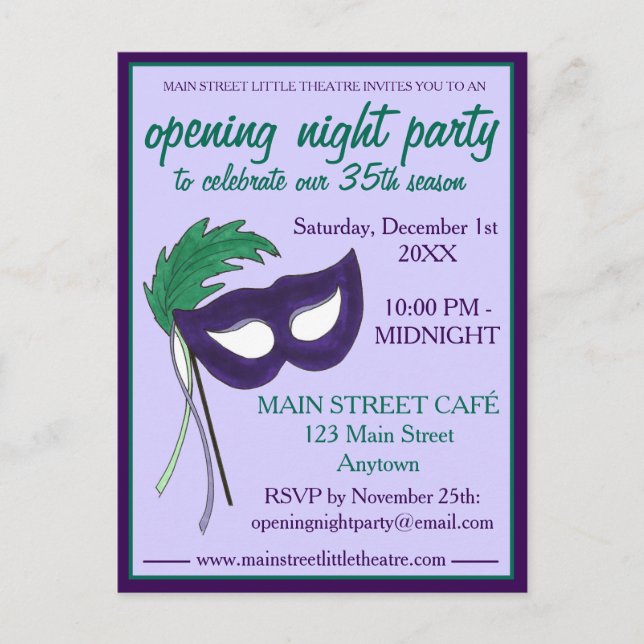 Opening Night Drama Club Masquerade Mask Party Invitation Postcard (Front)