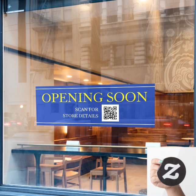 OPENING SOON Sign, QR Code, Message Blue/White/Yel Window Cling (Cafe Window)