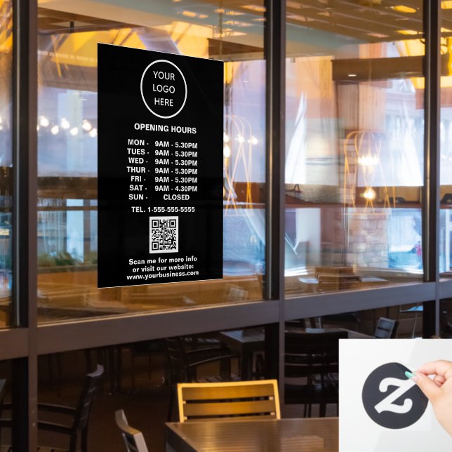 Opening times Black Business Logo QR Code  Window Cling (Restaurant Window)