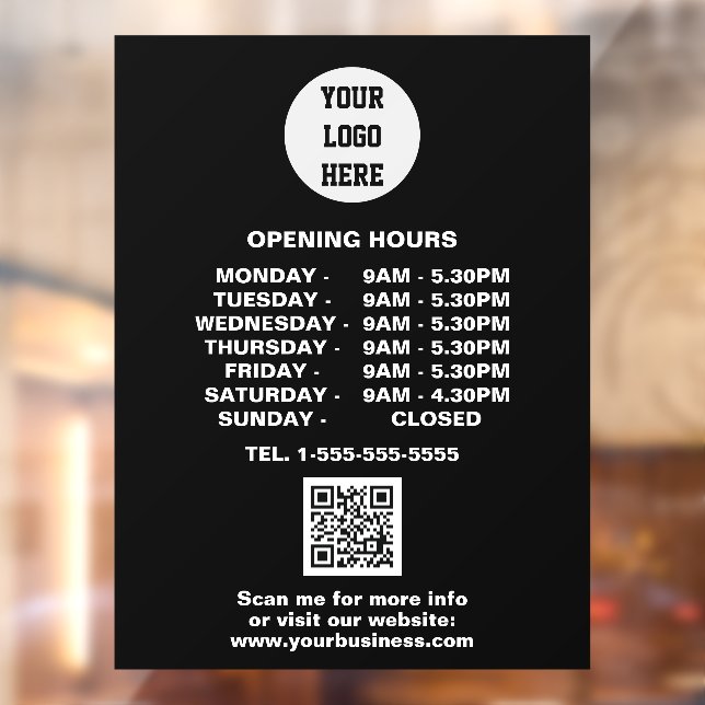 Opening times Black Business Logo QR Code  Window Cling (Sheet 2)
