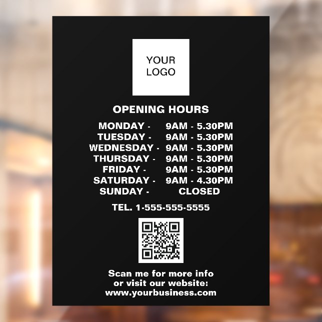 Opening times Black Business Logo QR Code  Window Cling (Sheet 2)