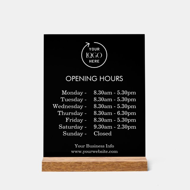 Opening Times | Business Logo Opening Hours  Acrylic Sign (Front)