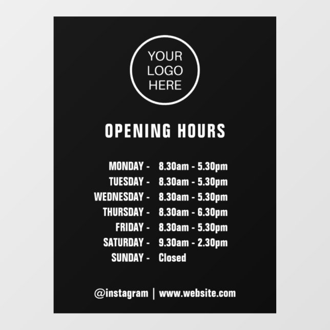 Opening Times Business Logo Opening Hours Black  Window Cling (Sheet)