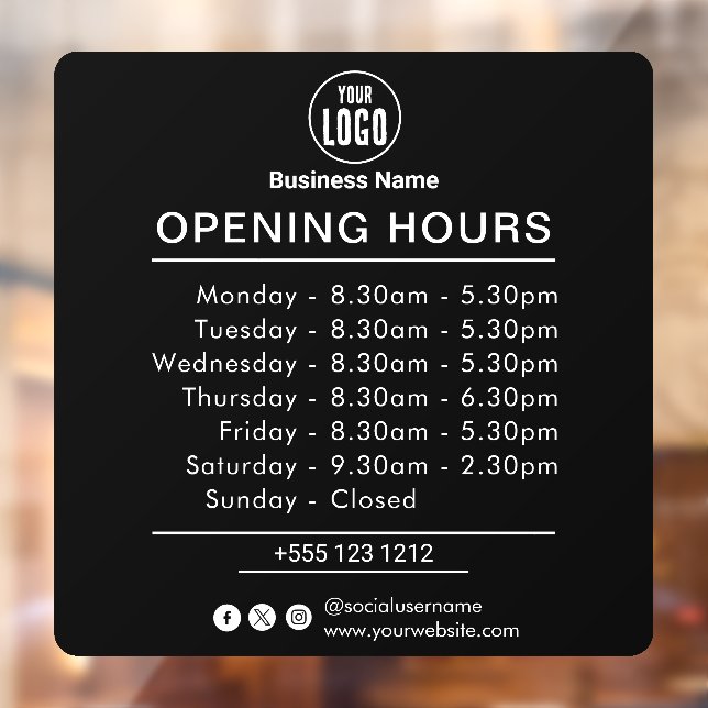 Opening Times | Business Opening Hours Black Window Cling (Sheet 2)