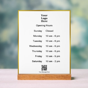 Opening Times White Gold Business Logo QR Code Acrylic Sign