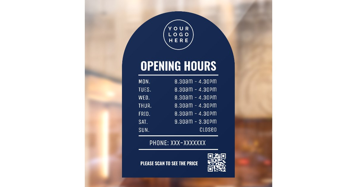 Opening Times With Qr Code Logo And Navy Blue Arch Window Cling | Zazzle