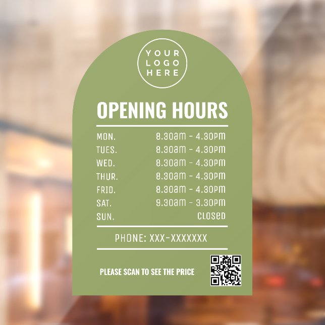 Opening Times With Qr Code Logo Sage Green Arch Window Cling (Sheet 2)