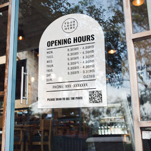 Opening Times With Qr Code Logo White Arch  Window Cling