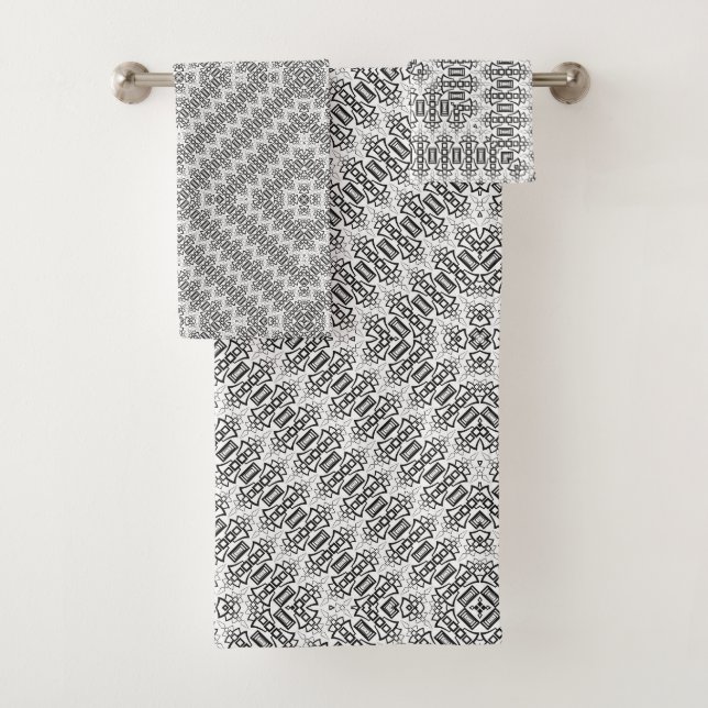 Openwork squares art deco retro black white bath towel set (Insitu)