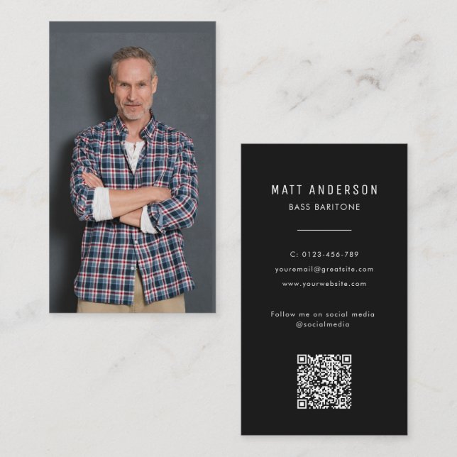 Opera Singer Modern Photo QR Code Black&White Business Card (Front/Back)