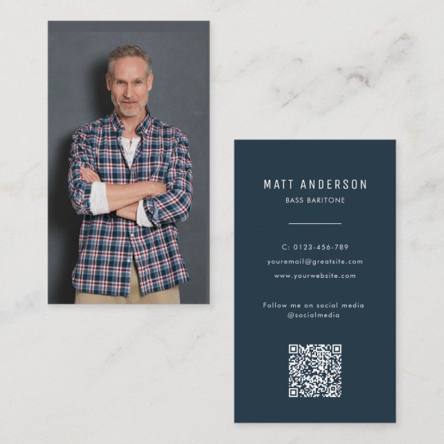 Opera Singer Modern Photo QR Code Navy Blue Business Card (Front/Back)