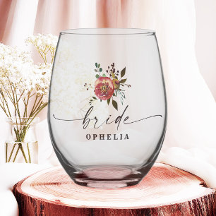 Ophelia Cottagecore Dusty Pink Floral Bride Stemless Wine Glass