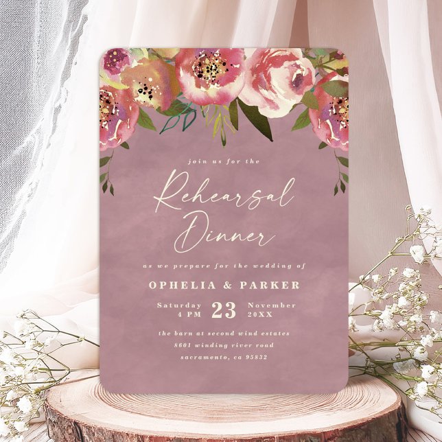 Ophelia Dusty Pink Floral Wedding Rehearsal Dinner Invitation (Say "I DO" to Romantic Watercolor Florals and a Cottagecore Vibe with the Ophelia Wedding Suite.)
