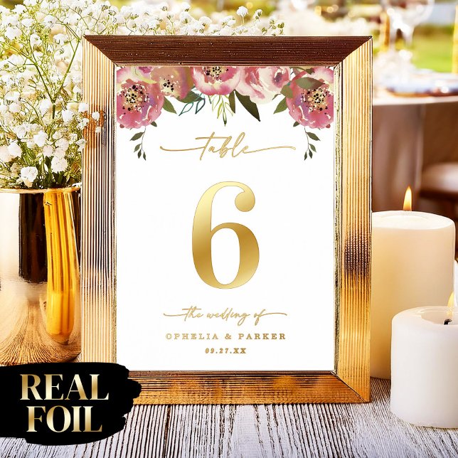 Ophelia Elegant Ral Gold Foil Wedding Table Number Prints (Say "I DO" to Romantic Watercolor Florals and a Cottagecore Vibe with the Ophelia Wedding Suite.)