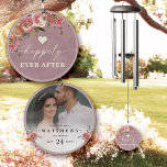 Ophelia • Floral Happily Ever After Wedding Photo Wind Chime<br><div class="desc">Celebrate your love story with these Personalised Newlywed Wind Chimes from the Ophelia Wedding Suite. Featuring a beautiful blush mauve floral design with the phrase "Happily Ever After" on the front, and a customisable photo and wedding details on the back, these wind chimes make a perfect keepsake for newlyweds. Ideal...</div>