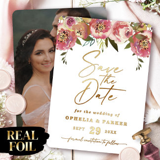 Ophelia Floral Photo Save the Date with Real Gold