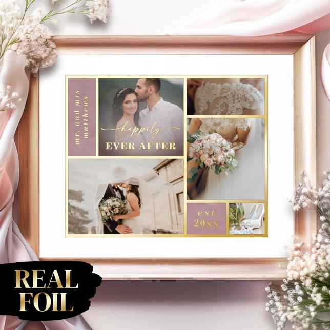 Ophelia Happily Ever After Wedding Photos Collage Foil Prints (Say "I DO" to Romantic Watercolor Florals and a Cottagecore Vibe with the Ophelia Wedding Suite.)