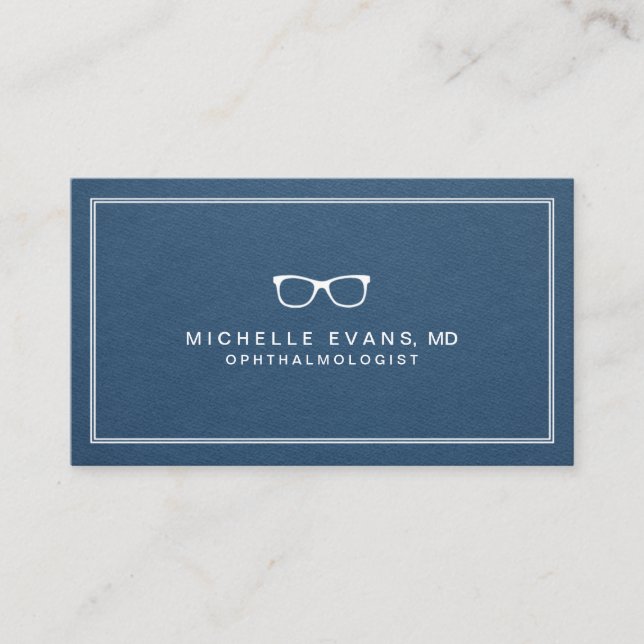 Ophthalmologist Navy Blue and White Eyeglasses Business Card (Front)
