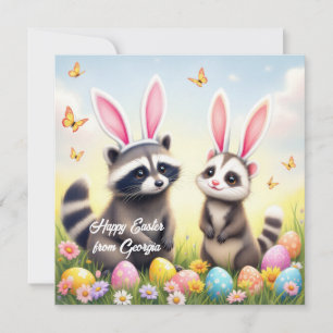 Opossum and Racoon with Bunny Ears Holiday Card