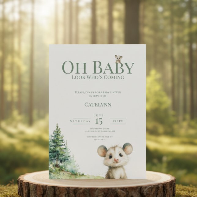 Opossum Baby Shower Invitation • Oh Baby Forest (watercolor baby shower invitation with opossum and forest trees on a clean white background)
