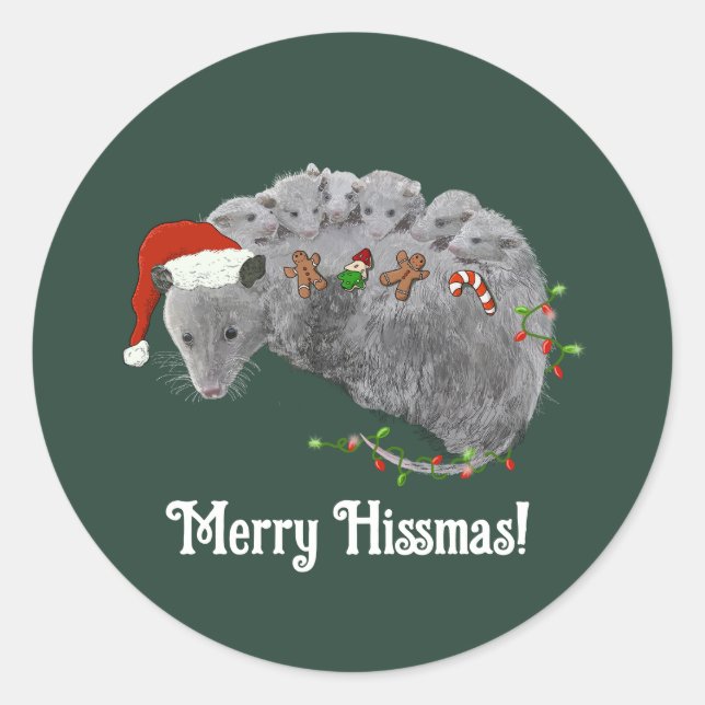 Opossum Christmas Baby Possums Wrapped in Lights Classic Round Sticker (Front)