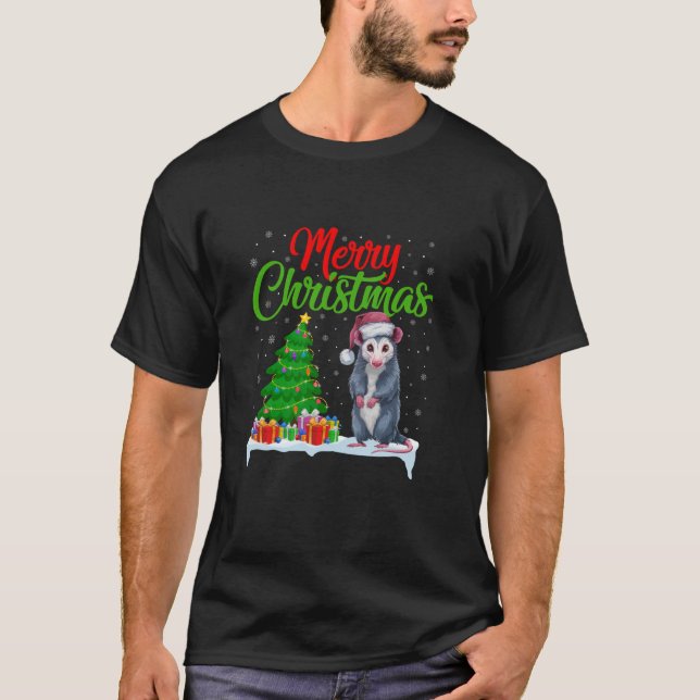 Opossum Christmas Tree Lights Funny Xmas Opossum L T-Shirt (Front)