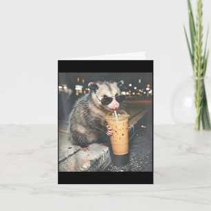 Opossum drinking iced coffee funny animal meme card