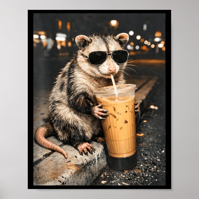 Opossum Drinking Iced Coffee Funny Animal Meme Men Poster (Front)