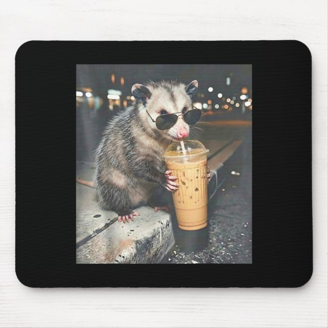 Opossum drinking iced coffee funny animal meme mouse mat (Front)