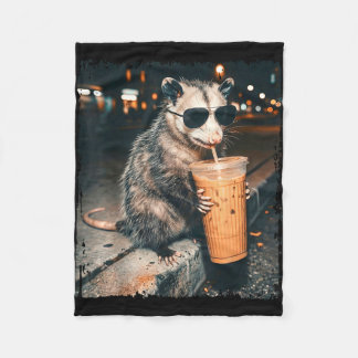 Opossum drinking iced coffee funny possum meme men fleece blanket