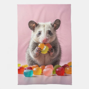 Opossum Eating Gummy Sweeties Tea Towel