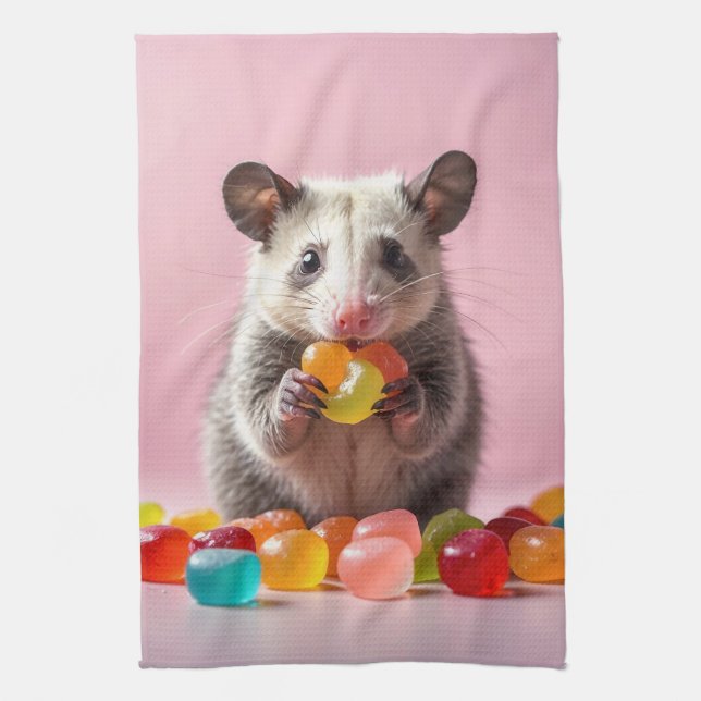 Opossum Eating Gummy Sweeties  Tea Towel (Vertical)